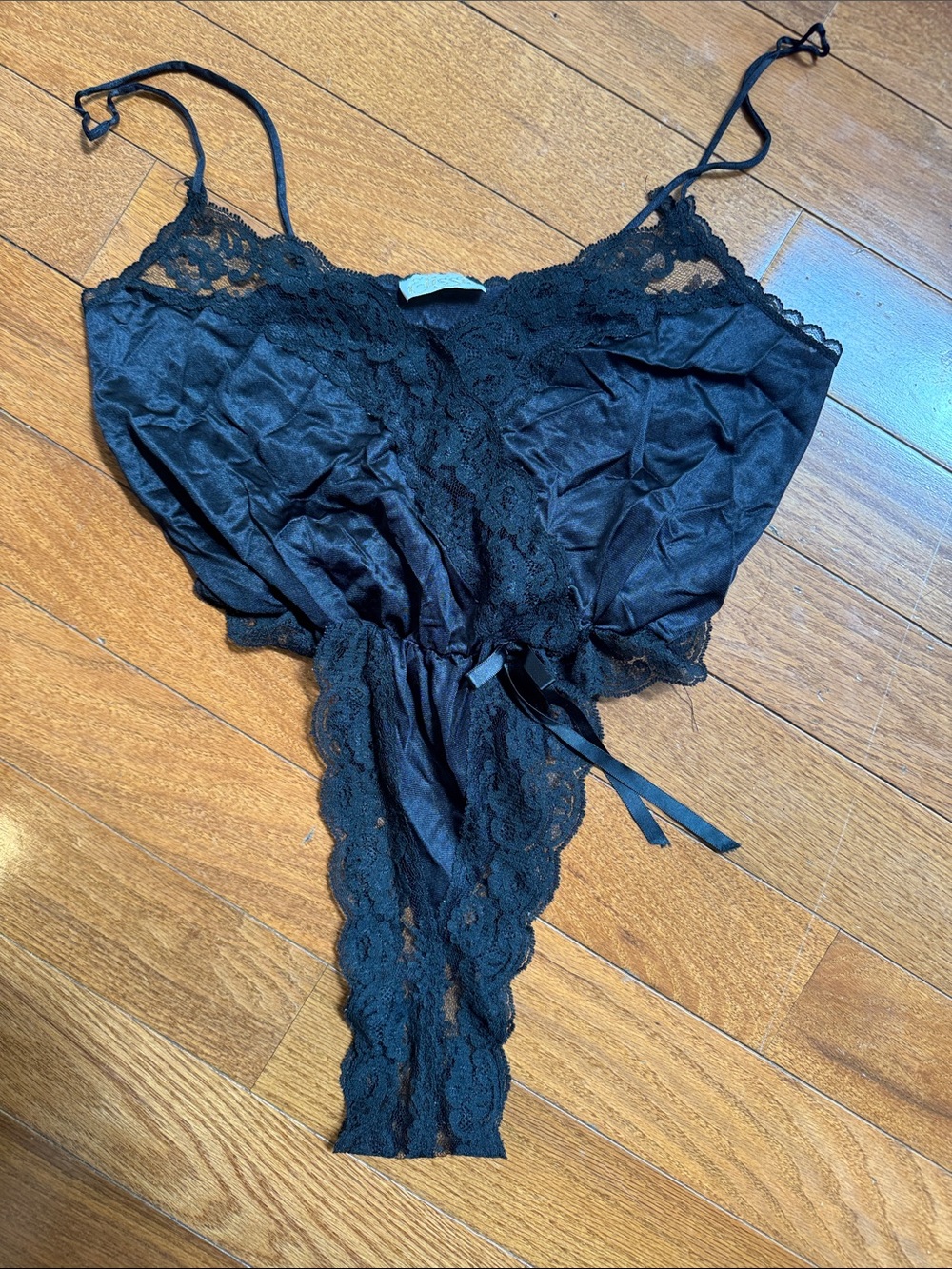 Sheer Lace-Trim Satin Chemise - Black